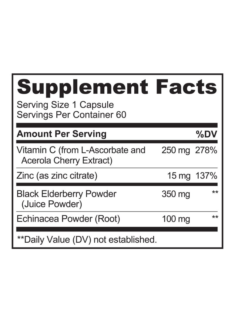 Immune Support With Vitamin C, Elderberry, Zinc, Plus Echinacea - Formulated To Support Healthy Immune System Function-60 Vegan Capsules