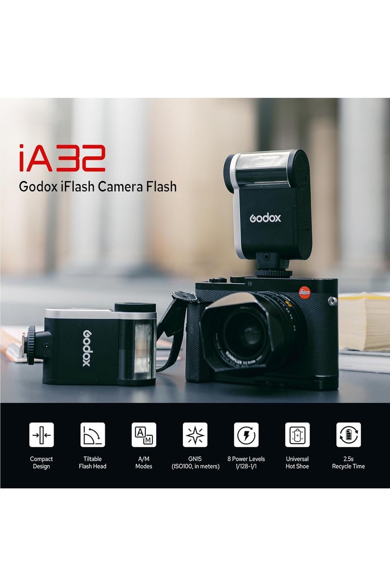Godox iA32 Mini Camera Flash, Single Contact Hot Shoes Flash - Automatic Flash GN15, 8 Power Levels/2.5sRecycle/490 Flash Times/Auto/Manual Modes, S1/S2 Optical Control, for Canon Sony Nikon Fuji Olympus - Image 3