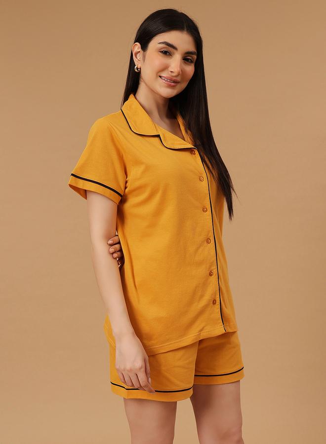 Clovia Solid Buttoned Shirt and Shorts Set - Cotton - Image 4