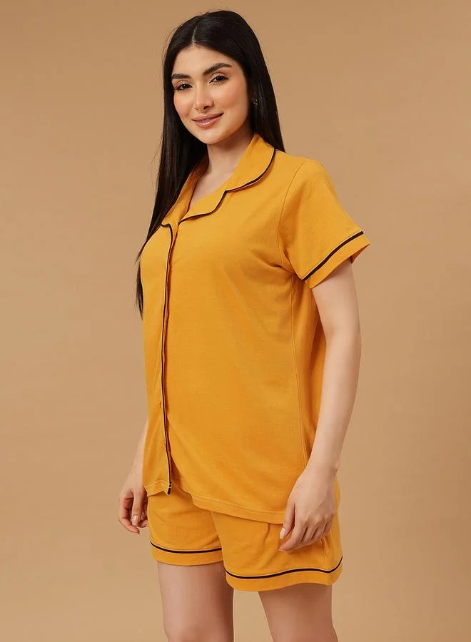 Clovia Solid Buttoned Shirt and Shorts Set - Cotton