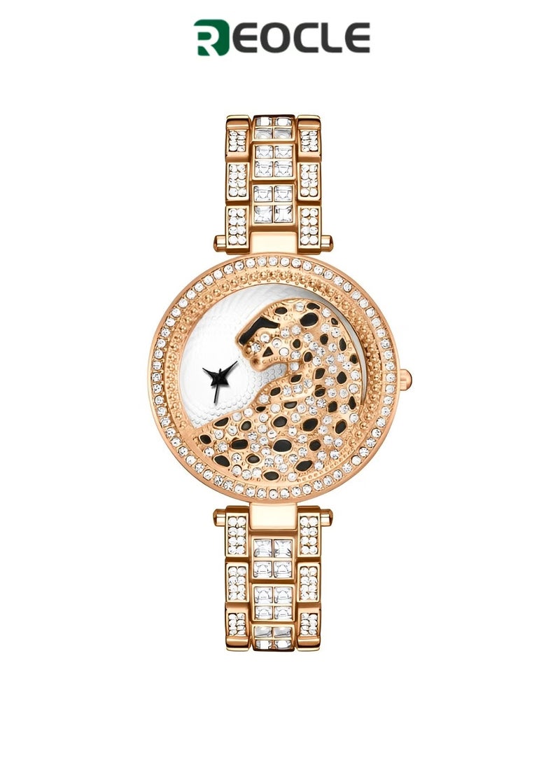 REOCLE Women's Quartz Watch Diamond Watch with 3D Leopard Carved Dial & Diamond Stainless Steel Band 18K Gold Plated Bracelet Wristwatch  - Image 1
