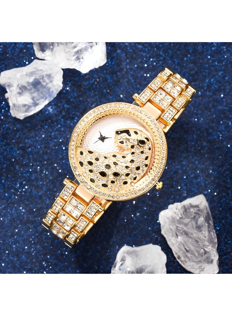 REOCLE Women's Quartz Watch Diamond Watch with 3D Leopard Carved Dial & Diamond Stainless Steel Band 18K Gold Plated Bracelet Wristwatch  - Image 2