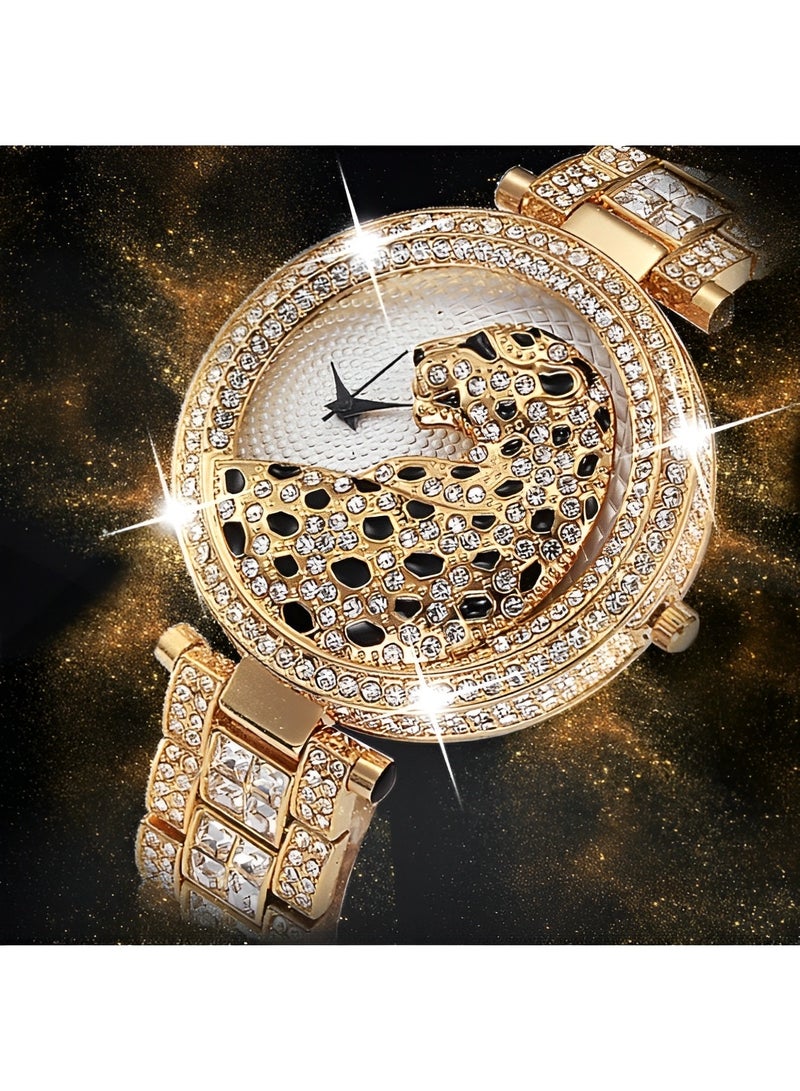 REOCLE Women's Quartz Watch Diamond Watch with 3D Leopard Carved Dial & Diamond Stainless Steel Band 18K Gold Plated Bracelet Wristwatch  - Image 3