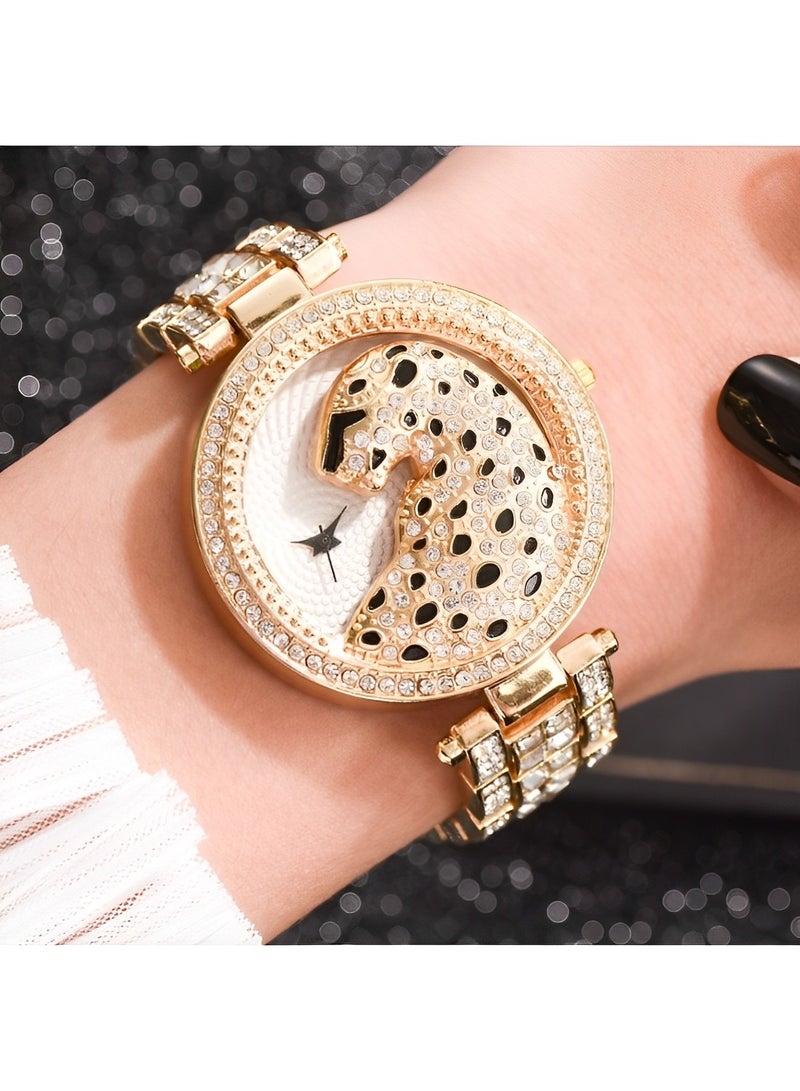 REOCLE Women's Quartz Watch Diamond Watch with 3D Leopard Carved Dial & Diamond Stainless Steel Band 18K Gold Plated Bracelet Wristwatch  - Image 5