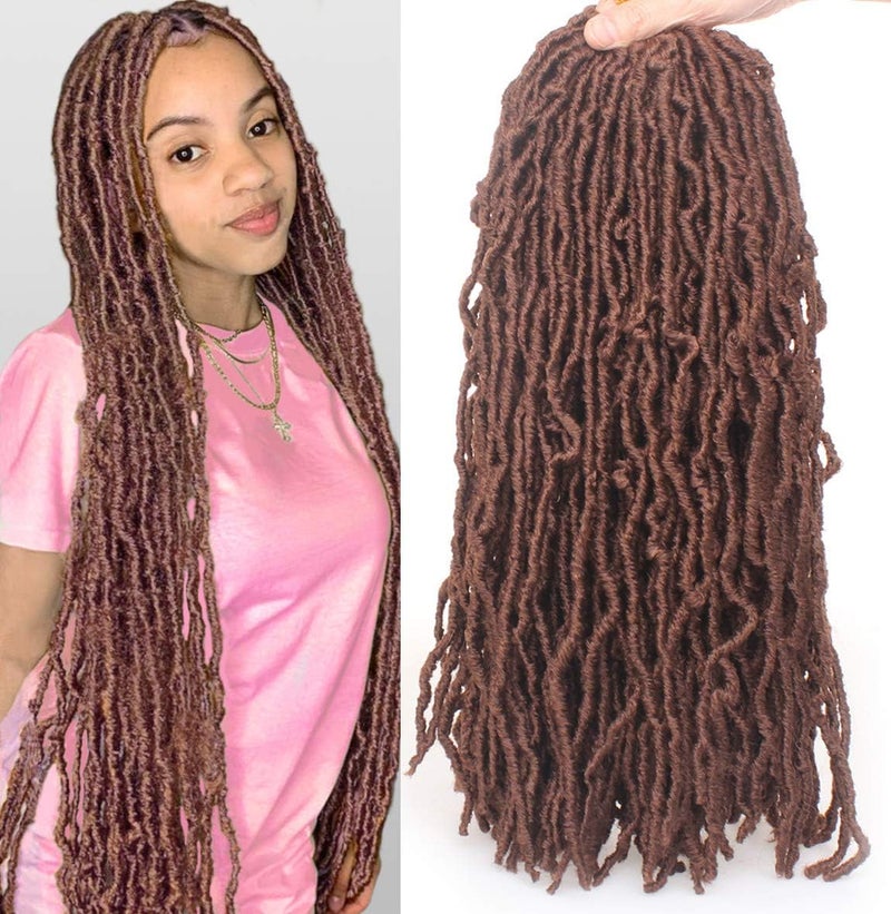 Leeven 18 Inch 2 Packs Synthetic New Soft Locs Crochet Hair 36 Roots 30# Messy Faux Locs Crochet Braids Hair For Women Brown Curly Goddess Soft Locs Afro Roots Hair Extensions - Image 1
