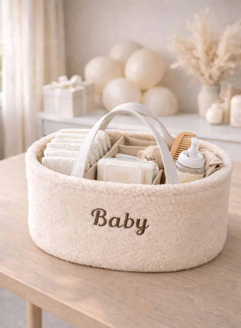1Chase white Baby Diaper Caddy Organizer – Soft Plush Nursery Storage Basket with Handles, Portable Changing Table & Car Organizer for Newborn Essentials (White)  | Best Price UAE