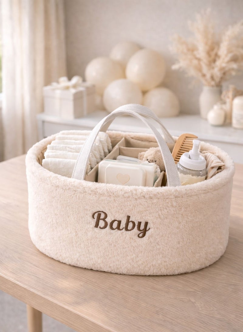 1Chase Baby Diaper Caddy Organizer – Soft Plush Nursery Storage Basket with Handles, Portable Changing Table & Car Organizer for Newborn Essentials (White) - Image 4