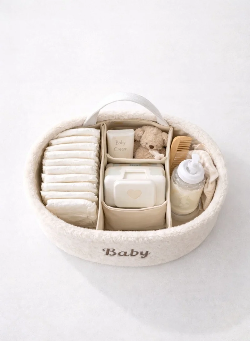 1Chase white Baby Diaper Caddy Organizer – Soft Plush Nursery Storage Basket with Handles, Portable Changing Table & Car Organizer for Newborn Essentials (White)  | Best Price UAE