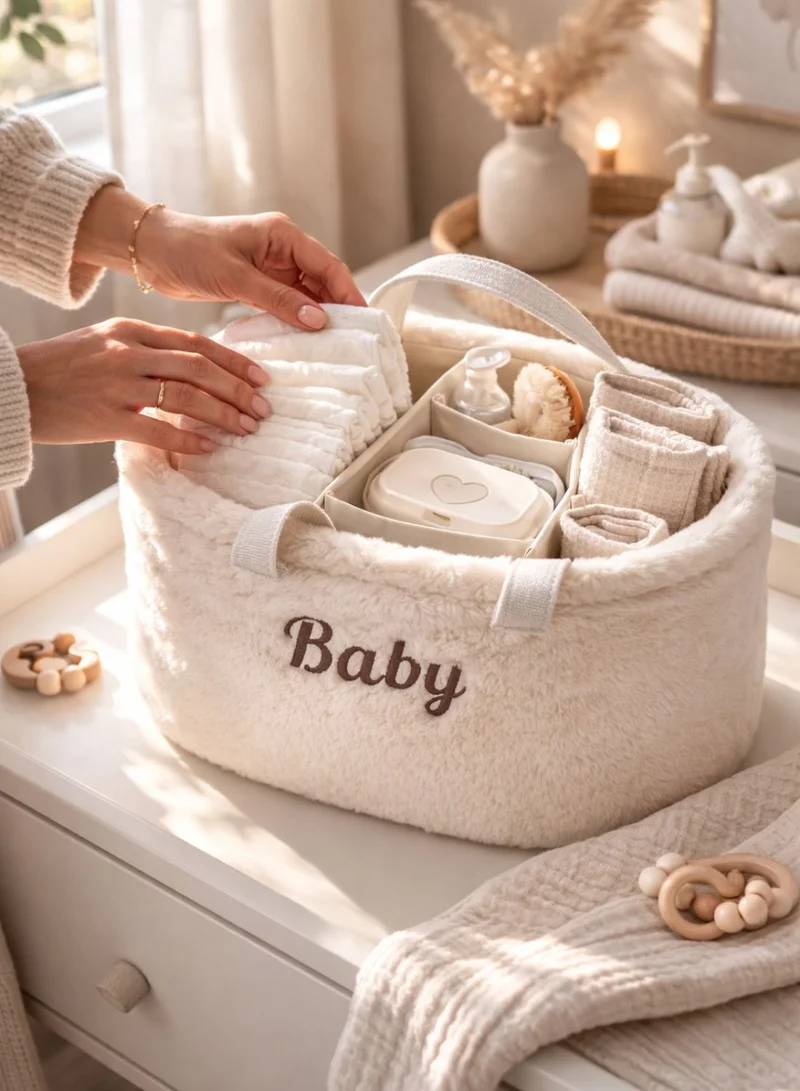 1Chase white Baby Diaper Caddy Organizer – Soft Plush Nursery Storage Basket with Handles, Portable Changing Table & Car Organizer for Newborn Essentials (White)  | Best Price UAE