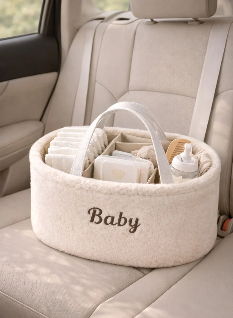 1Chase white Baby Diaper Caddy Organizer – Soft Plush Nursery Storage Basket with Handles, Portable Changing Table & Car Organizer for Newborn Essentials (White)  | Best Price UAE
