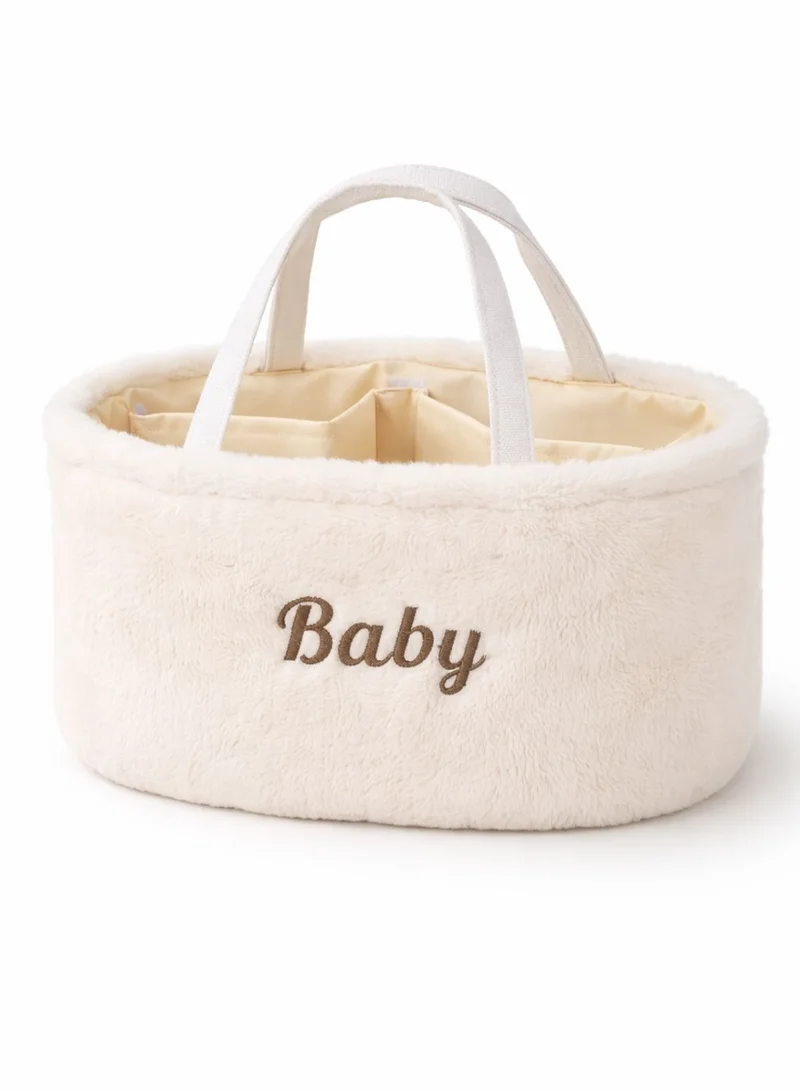 1Chase Baby Diaper Caddy Organizer – Soft Plush Nursery Storage Basket with Handles, Portable Changing Table & Car Organizer for Newborn Essentials (White)