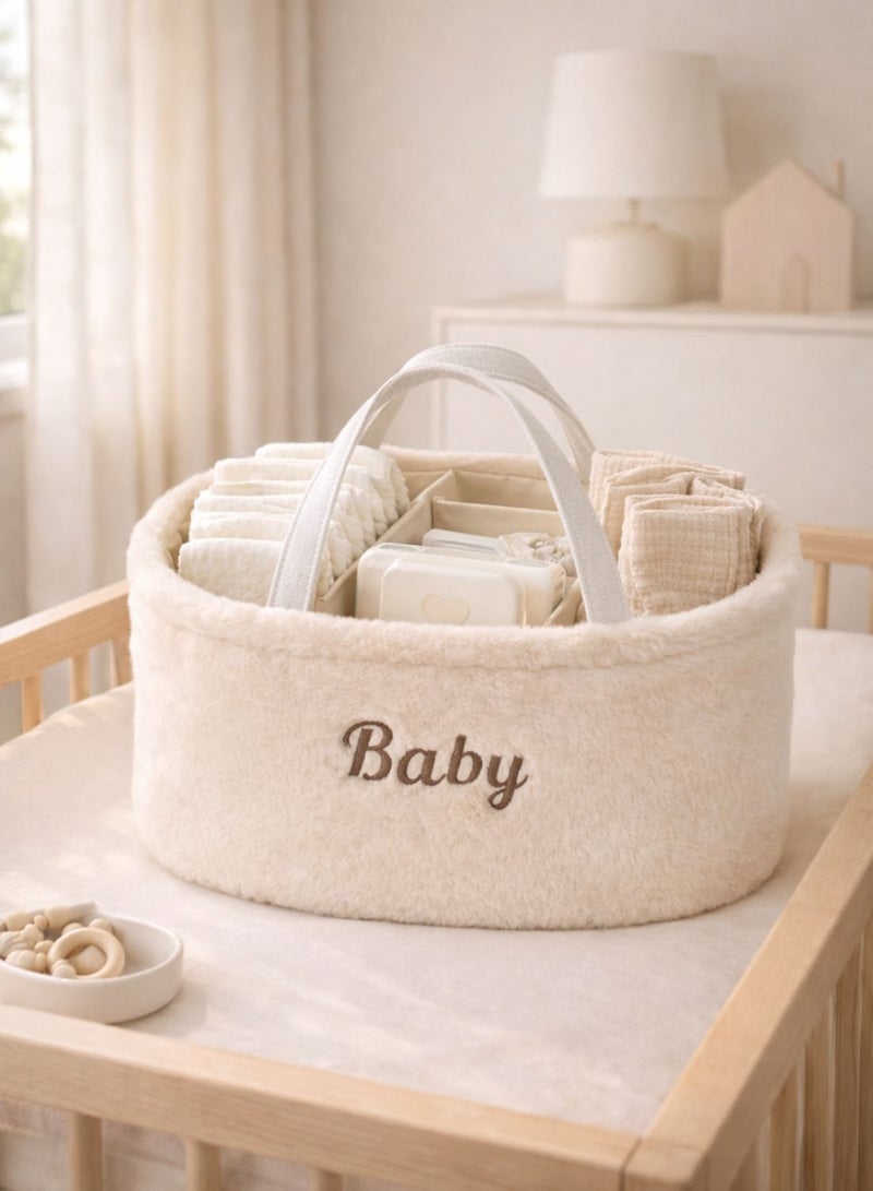 1Chase Baby Diaper Caddy Organizer – Soft Plush Nursery Storage Basket with Handles, Portable Changing Table & Car Organizer for Newborn Essentials (White) - Image 2