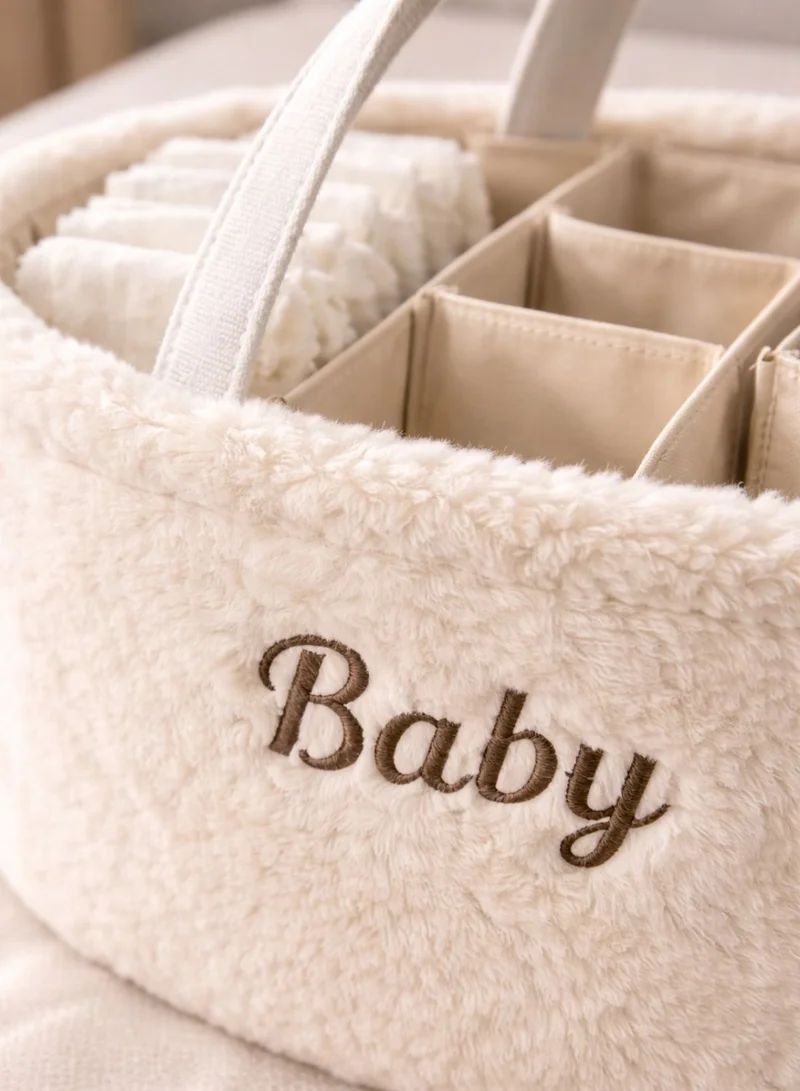 1Chase white Baby Diaper Caddy Organizer – Soft Plush Nursery Storage Basket with Handles, Portable Changing Table & Car Organizer for Newborn Essentials (White)  | Best Price UAE