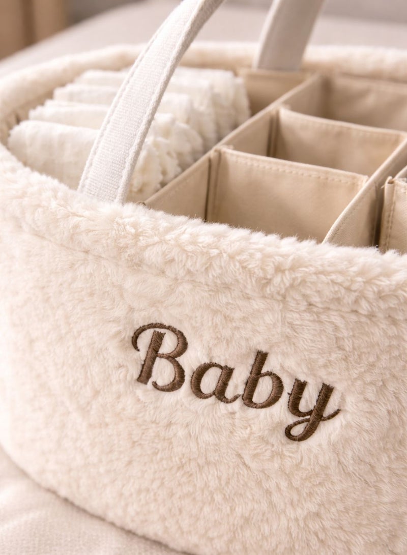 1Chase Baby Diaper Caddy Organizer – Soft Plush Nursery Storage Basket with Handles, Portable Changing Table & Car Organizer for Newborn Essentials (White) - Image 5