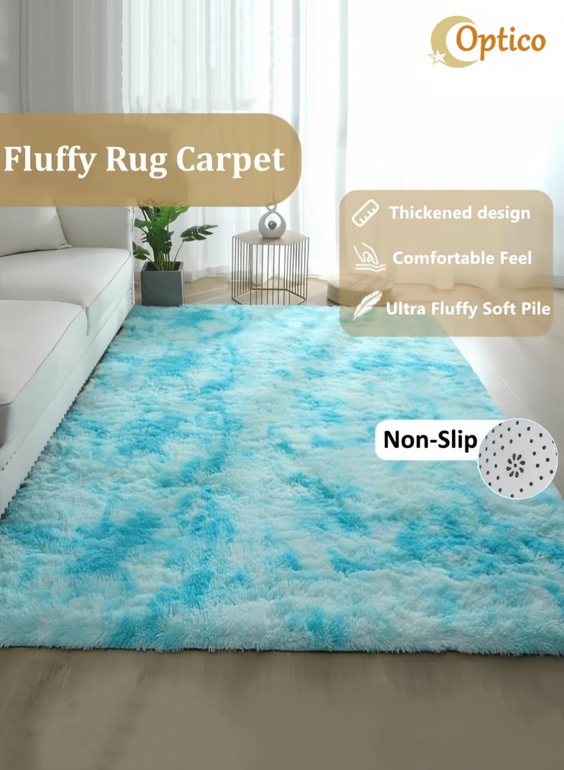 Optico Soft Rug Fluffy Carpet, Tie-Dye Light Blue Shag Area Rug Non Slip Indoor Carpet Non Shedding Plush Fuzzy Carpet Plush Mat Modern Shaggy Carpet for Room Dorm Home Decor, Washable, Luxury - Image 1