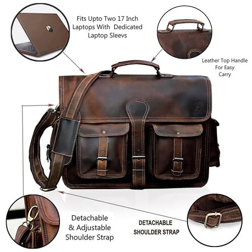 cuero Leather Briefcase Work Bag for Men Women Dark Brown Crossbody Genuine Leather Satchel Office Bag for Men Women 18 Inch Computer Travel Messenger Laptop Shoulder Bag Cureo - Image 3