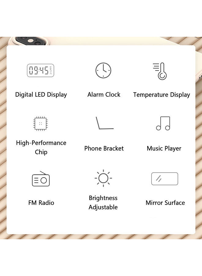 Digital Mirror Surface Alarm Clock with BT Speaker & FM Radio Dual Alarms Electronic Desktop Clock Rechargeable Portable Music Player Support TF Card 3 Levels Brightness Phone Stand