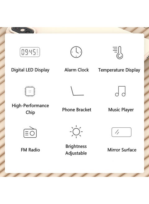 Digital Mirror Surface Alarm Clock with BT Speaker & FM Radio Dual Alarms Electronic Desktop Clock Rechargeable Portable Music Player Support TF Card 3 Levels Brightness Phone Stand