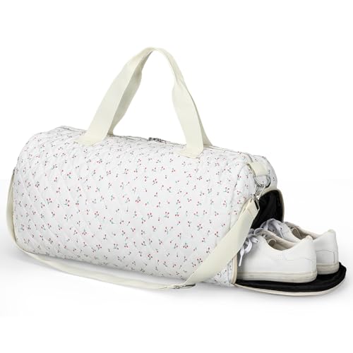 Dansydaisy Little Cherry daisy Quilted Duffle Bag for Women Cotton Dance Bag with Adjustable Carry Strap and Handy Pouch Floral Backpack for Dancers - Image 1