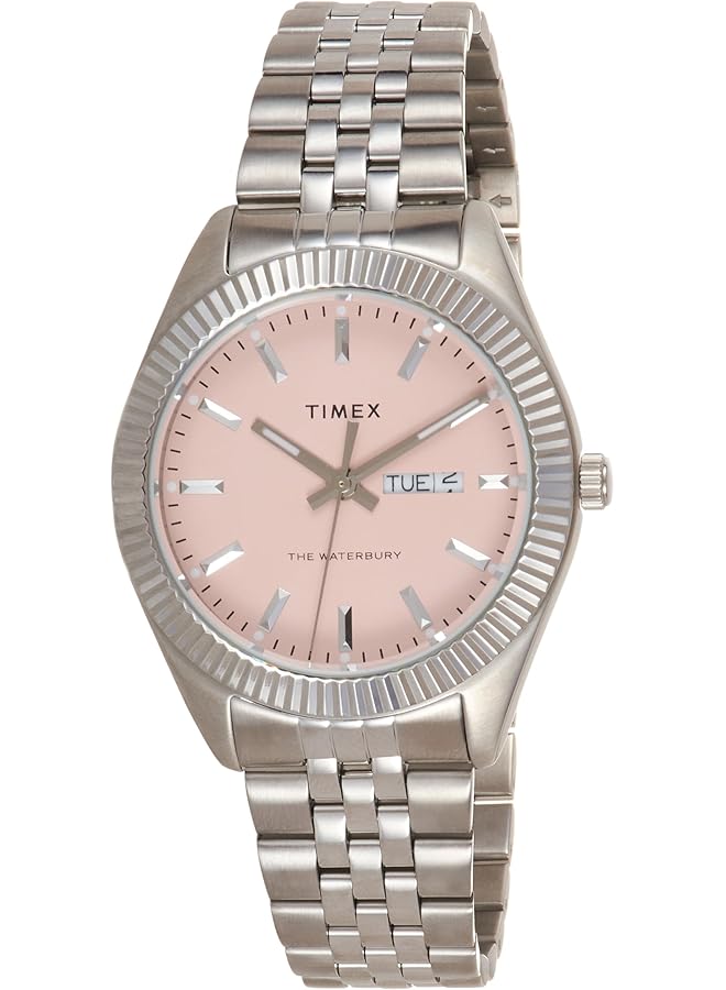 TIMEX Men Waterbury Legacy Day Date 41Mm Watch – Pink Dial With Stainless Steel Case And Bracelet - Image 1