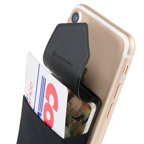Sinjimoru Secure Card Holder for Back of Phone, Stretchy Fabric Cell Phone Wallet Stick On Credit Card Case for iPhone & Android. Sinji Pouch Flap Black - Image 1