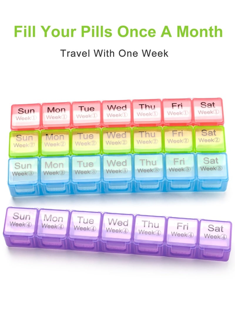 EIVENNKO Large Monthly Pill Organizer 28 Day Case Organizerd Extra Large Compartments 4 Week Dust-Proof Pill Case Medication Reminder Portable Travel Container (Red-Green-Blue-Purple) - Image 3