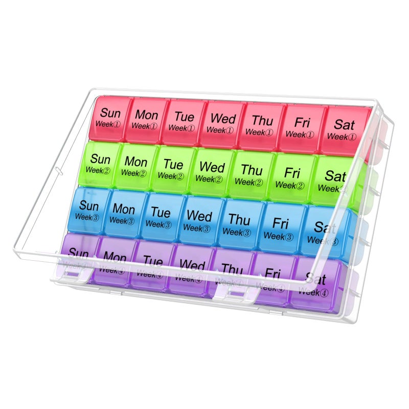 EIVENNKO Large Monthly Pill Organizer 28 Day Case Organizerd Extra Large Compartments 4 Week Dust-Proof Pill Case Medication Reminder Portable Travel Container (Red-Green-Blue-Purple) - Image 1