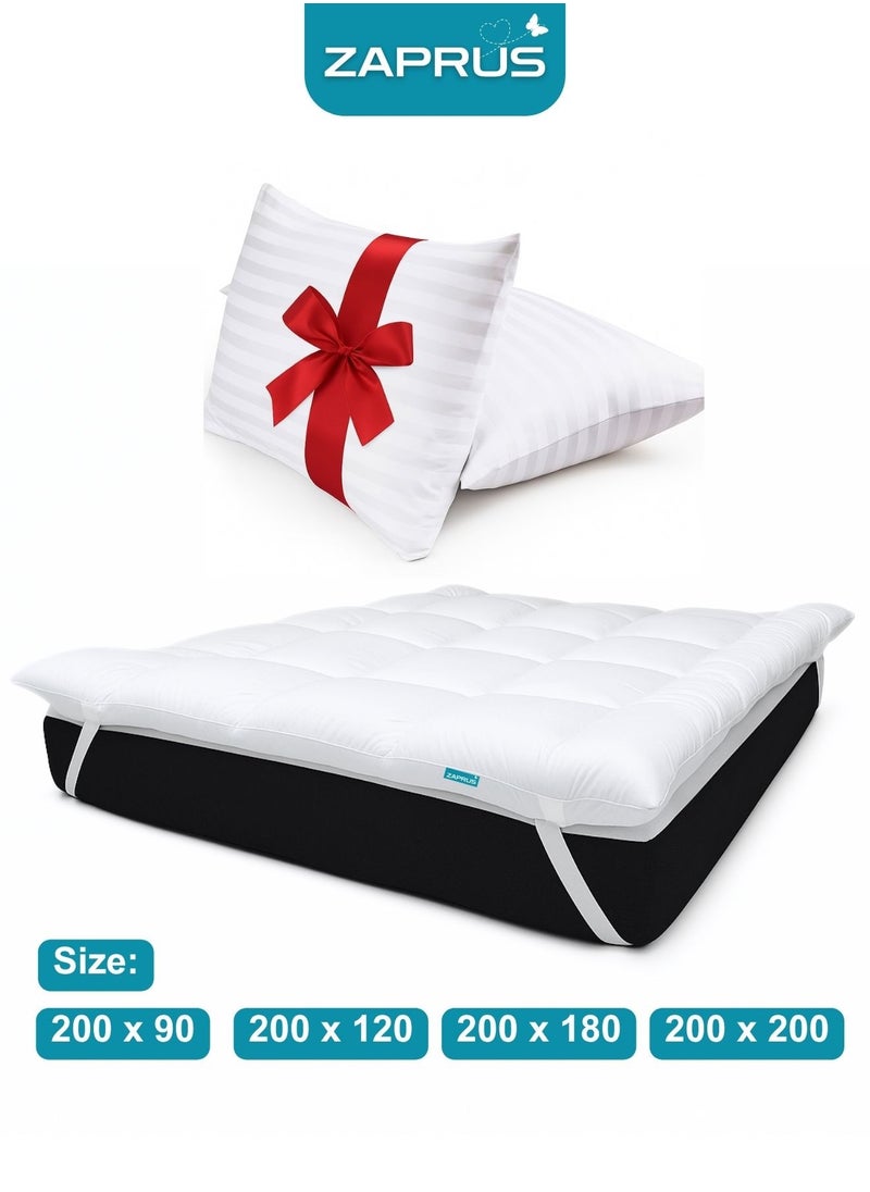 Zaprus Mattress Topper Bundle Pack – Quilted Mattress Topper with Microfiber Filling, 2 Soft Pillows (75x50 cm) Ultimate Comfort for Your Bedroom  - Image 1