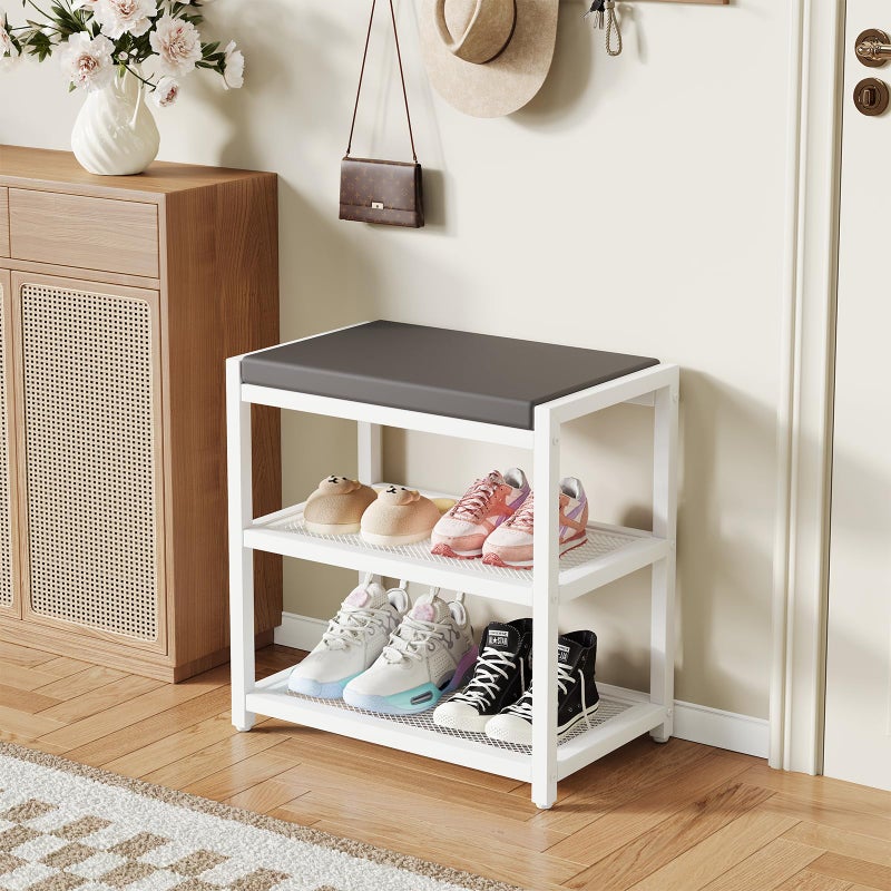 ZHOOGE Small Shoe Bench Shoe Rack Storage Bench Entryway Bench Shoe Shelf with Seat Cushion, Stable Shoe Organizer for Entryway, Living Room, Bench Seat Holds Up to 300 lb, (18"L x 12"W x 17"H, White) - Image 2