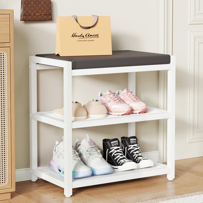 ZHOOGE Small Shoe Bench Shoe Rack Storage Bench Entryway Bench Shoe Shelf with Seat Cushion, Stable Shoe Organizer for Entryway, Living Room, Bench Seat Holds Up to 300 lb, (18"L x 12"W x 17"H, White) - Image 1