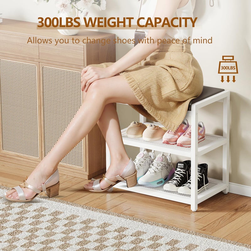 ZHOOGE Small Shoe Bench Shoe Rack Storage Bench Entryway Bench Shoe Shelf with Seat Cushion, Stable Shoe Organizer for Entryway, Living Room, Bench Seat Holds Up to 300 lb, (18"L x 12"W x 17"H, White) - Image 3