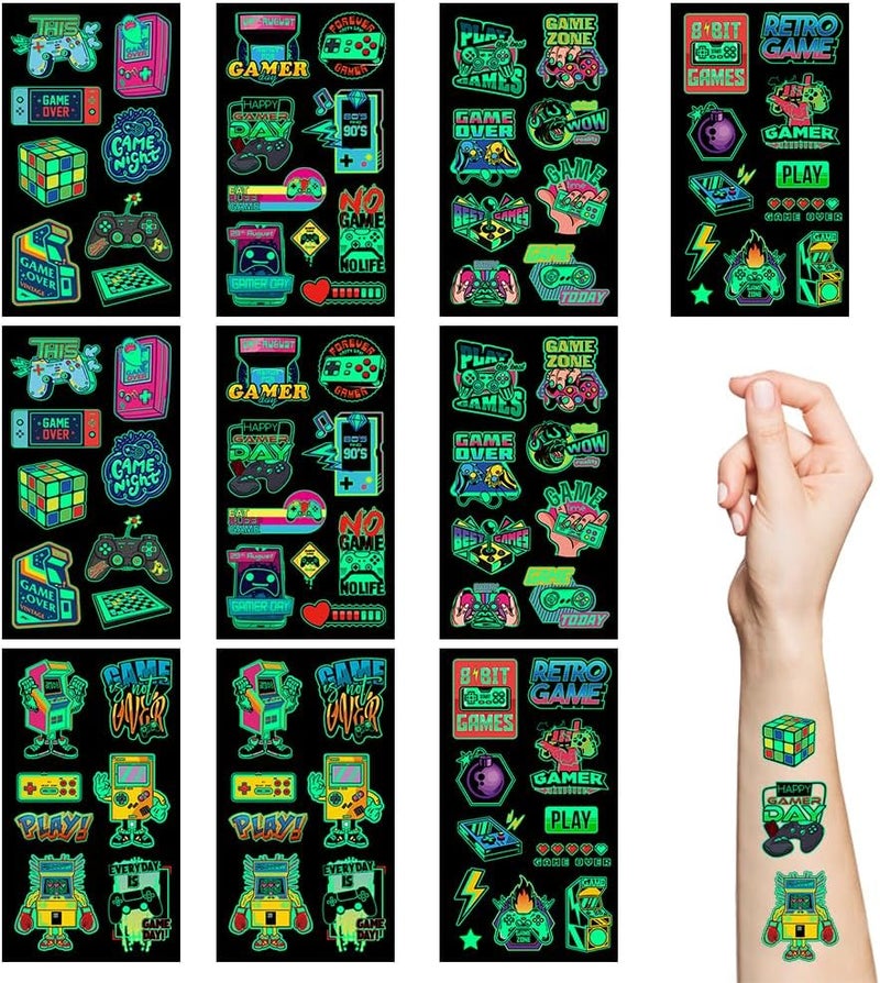 10 Sheet Gamer Stickers Glow in Dark Gaming Temporary Tattoos Video Game Gifts for Kids Classroom Rewards Gamer Birthday Party Supplies