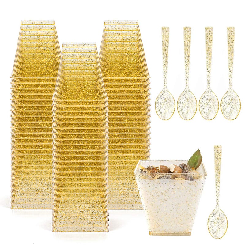 تبيري 100 عبوة أكواب حلوى بلاستيكية متوسطة 8 أونصات مع 100 ملعقة وأطباق حلوى مربعة لحفلات التذوق والمقبلات