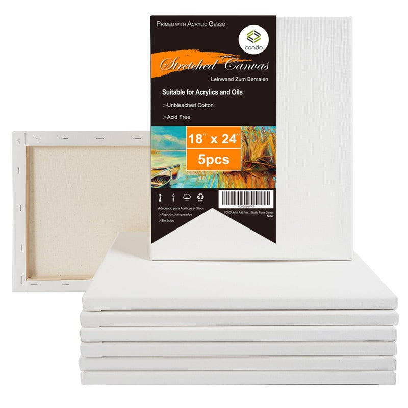 CONDA 18x24 inch Stretched Canvas for Painting, 5 Pack Large Canvas, 100% Cotton, 5/8 Inch Profile Big Stretched Canvas Value Bulk Pack for Acrylics, Oils Painting - Image 1