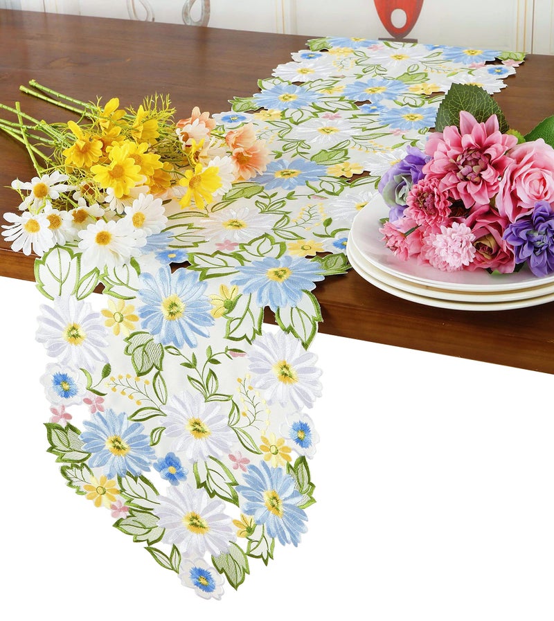 GRANDDECO Embroidered Flowery Table Runner  Applique Floral Daisy Cutwork Embroidered Table Linen  Home Kitchen Dining Tabletop Decoration (Blue Runner 13"" - Image 3