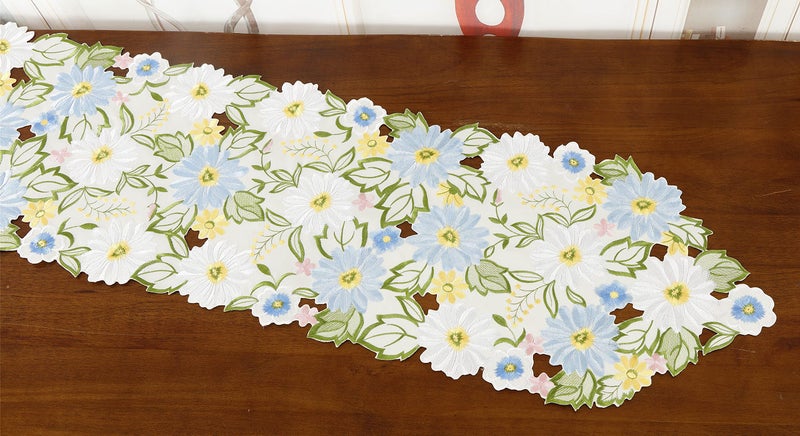GRANDDECO Embroidered Flowery Table Runner  Applique Floral Daisy Cutwork Embroidered Table Linen  Home Kitchen Dining Tabletop Decoration (Blue Runner 13"" - Image 5