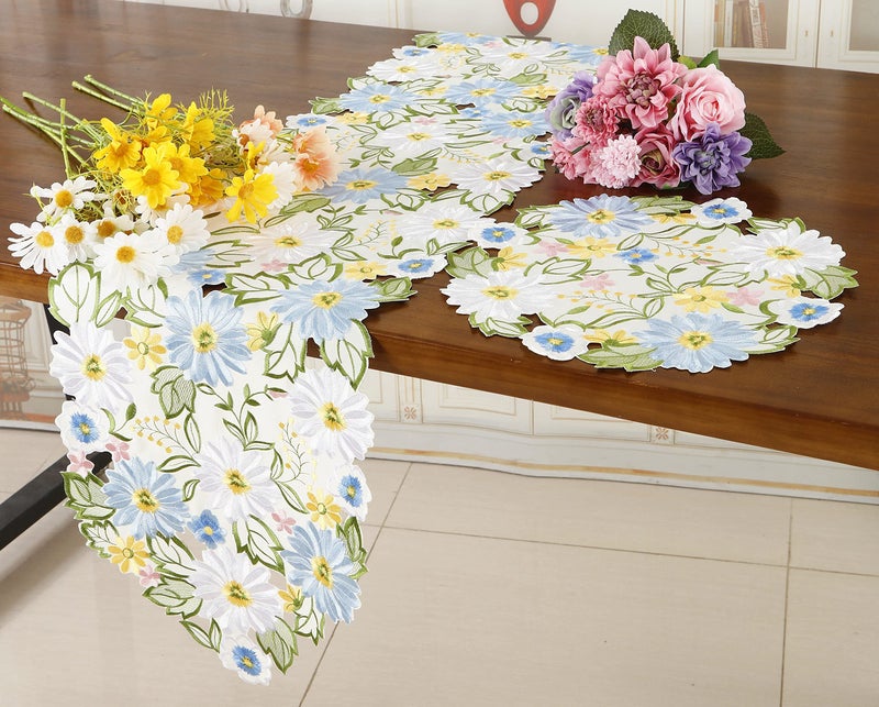 GRANDDECO Embroidered Flowery Table Runner  Applique Floral Daisy Cutwork Embroidered Table Linen  Home Kitchen Dining Tabletop Decoration (Blue Runner 13"" - Image 4