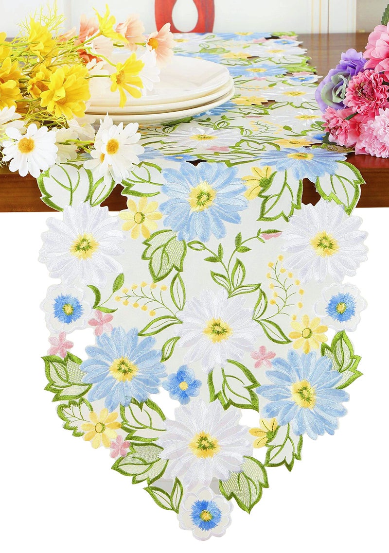 GRANDDECO Embroidered Flowery Table Runner  Applique Floral Daisy Cutwork Embroidered Table Linen  Home Kitchen Dining Tabletop Decoration (Blue Runner 13"" - Image 2