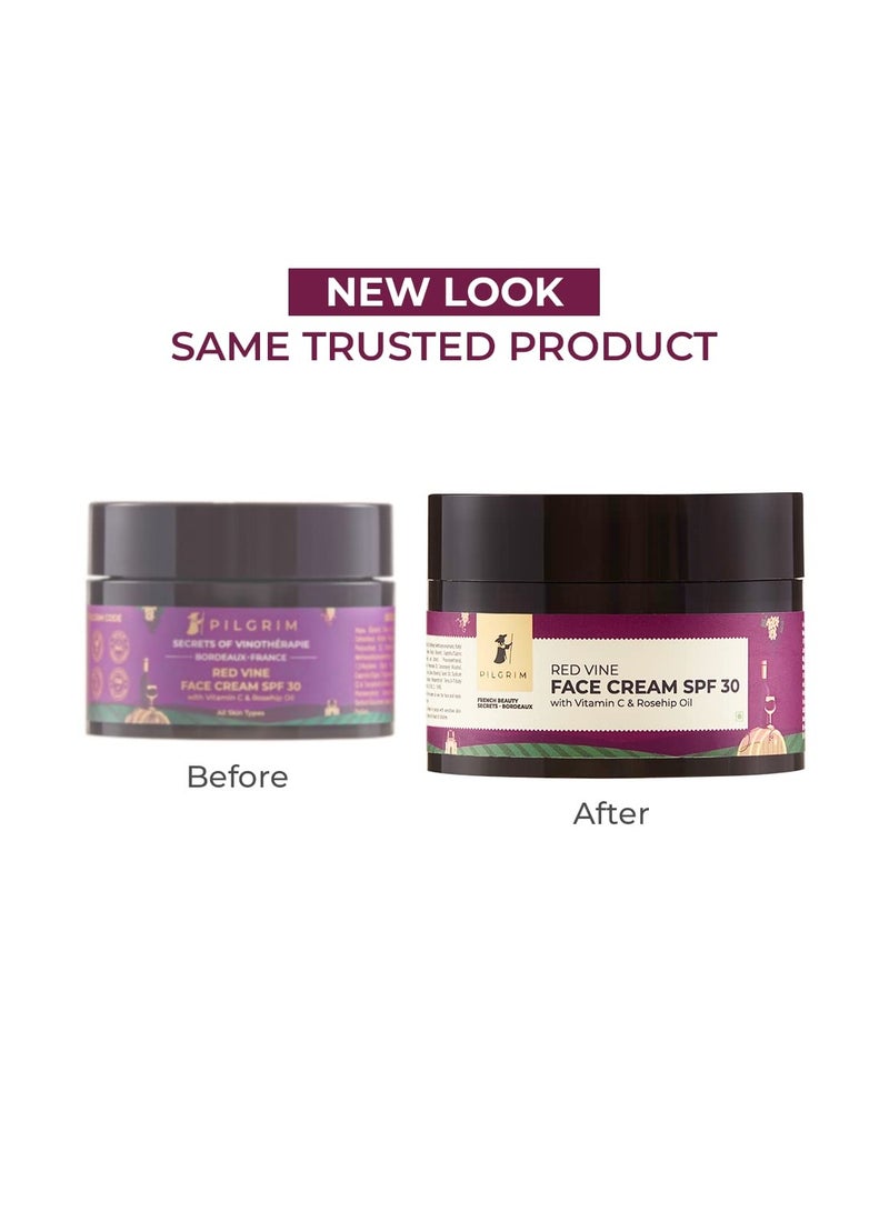 PILGRIM French Red Vine Face Cream with SPF 30 Sunscreen, Rosehip Oil & Vit C For Anti Ageing, Sun Protection PA+++, Men & Women, 50g - Image 3