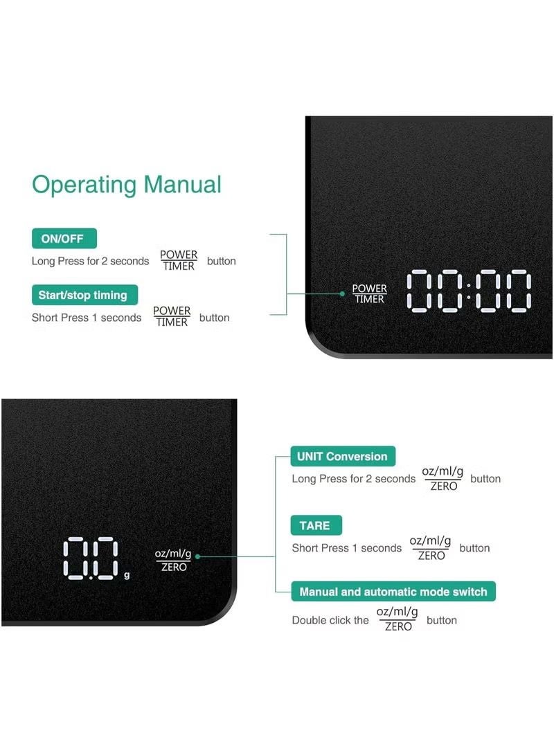 Smart Coffee Scale with Timer,3kg/0.1g High Precision Food Scale,Kitchen Scale Pour Over V60 Drip Coffee with Type-C,LED Digital Scale For Cooking,with a Silicone Non-slip Pad,Black - Image 5
