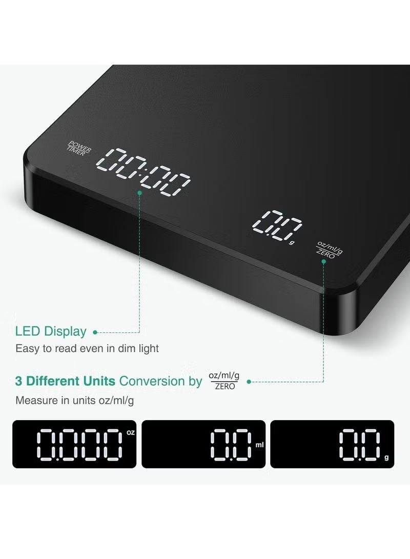 Smart Coffee Scale with Timer,3kg/0.1g High Precision Food Scale,Kitchen Scale Pour Over V60 Drip Coffee with Type-C,LED Digital Scale For Cooking,with a Silicone Non-slip Pad,Black - Image 4