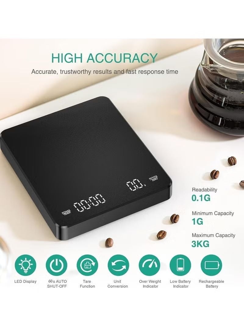 Smart Coffee Scale with Timer,3kg/0.1g High Precision Food Scale,Kitchen Scale Pour Over V60 Drip Coffee with Type-C,LED Digital Scale For Cooking,with a Silicone Non-slip Pad,Black - Image 3