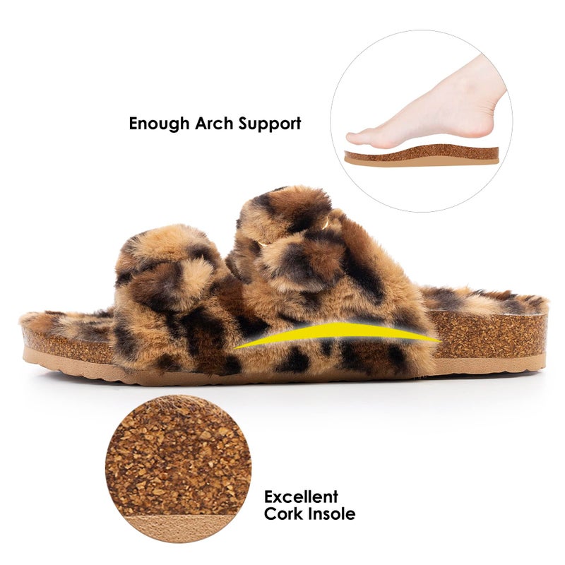FITORY Womens Open Toe Slipper with Cozy Lining,Faux Rabbit Fur Cork Slide Sandals Leopard Size 9 - Image 2