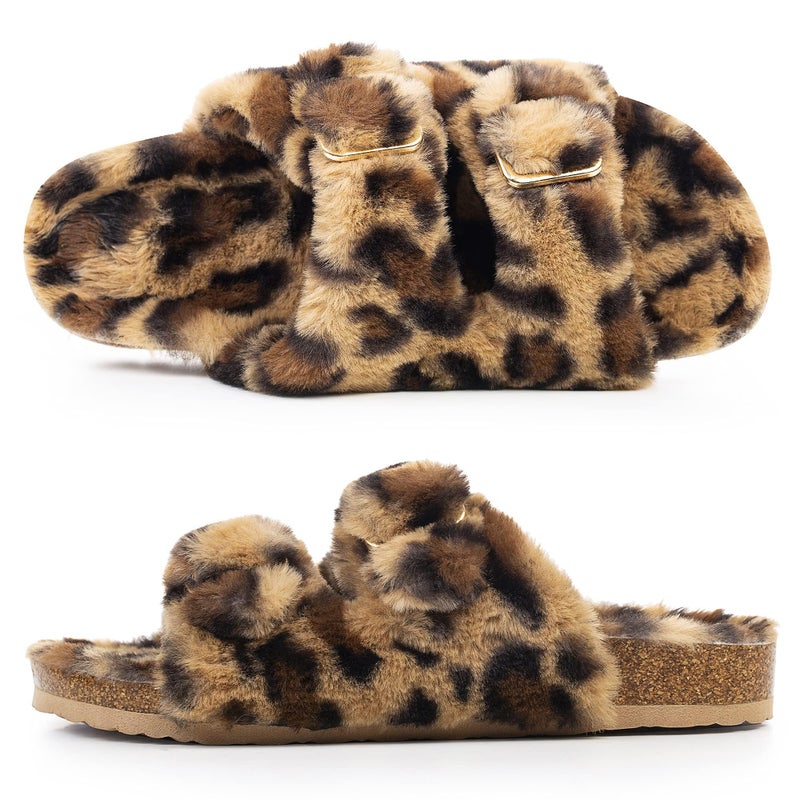 FITORY Womens Open Toe Slipper with Cozy Lining,Faux Rabbit Fur Cork Slide Sandals Leopard Size 9 - Image 4