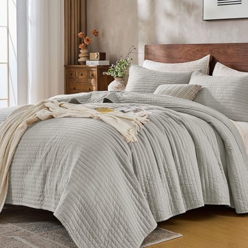 DOWN HOME King Quilt Bedding Set with Shams, Vintage Washed Soft Quilted Blanket Thin Comforter Lightweight Bedspread Coverlet Bed Cover, Brushed Microfiber Stripe Stitching, Light Gray, 104"x90" - Image 1