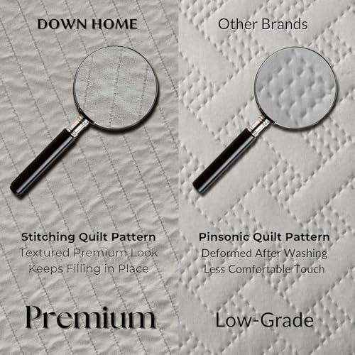 DOWN HOME King Quilt Bedding Set with Shams, Vintage Washed Soft Quilted Blanket Thin Comforter Lightweight Bedspread Coverlet Bed Cover, Brushed Microfiber Stripe Stitching, Light Gray, 104"x90" - Image 3