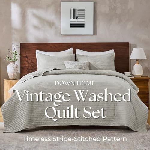 DOWN HOME King Quilt Bedding Set with Shams, Vintage Washed Soft Quilted Blanket Thin Comforter Lightweight Bedspread Coverlet Bed Cover, Brushed Microfiber Stripe Stitching, Light Gray, 104"x90" - Image 2
