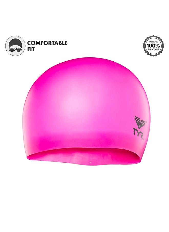 TYR Wrinkle Free Silicone Junior Swim Cap (Fluro Pink)  - Image 3
