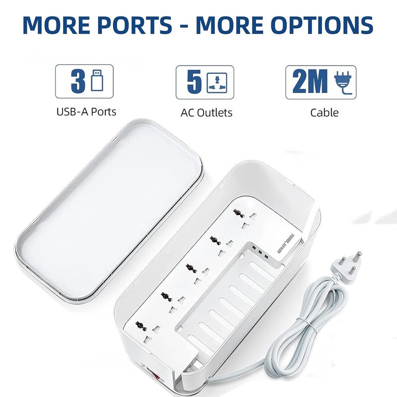 Hoteon Extension Board with Cable Management Box Hoteon Power Strip Plus Cord Organizer Box with Reset 2500W10A 5 Universal Sockets and 3nos 5V31A Fast Charge USB Ports 2M Surge Protector3 PIN - Image 2