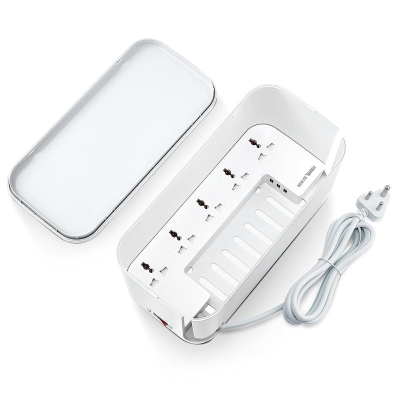 Hoteon Extension Board with Cable Management Box Hoteon Power Strip Plus Cord Organizer Box with Reset 2500W10A 5 Universal Sockets and 3nos 5V31A Fast Charge USB Ports 2M Surge Protector3 PIN - Image 1